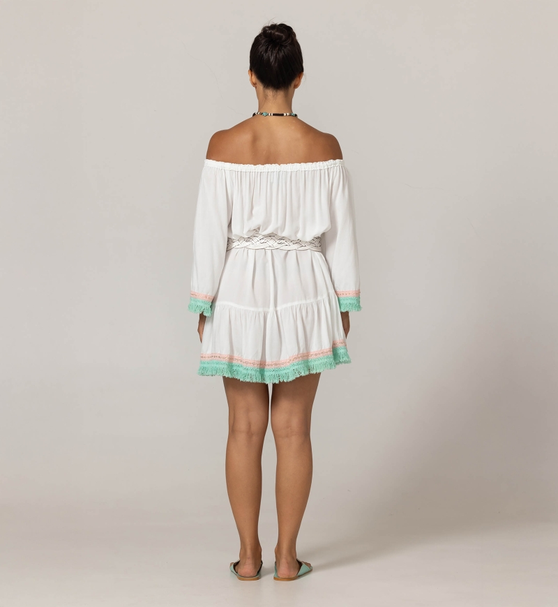 Azra Short Dress: white - embroidered bib - off-shoulder - 100% Modal - cotton fringes - Miss June Paris - 4