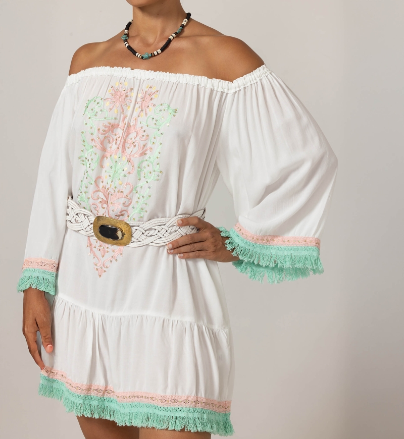 Azra Short Dress: white - embroidered bib - off-shoulder - 100% Modal - cotton fringes - Miss June Paris - 5