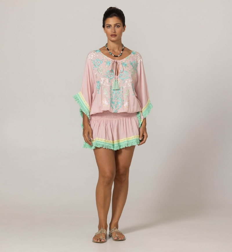 Sejla Short Dress: pink - embroidered bib - 100% Modal - cotton fringes - bohemian touch - Miss June Paris - 3