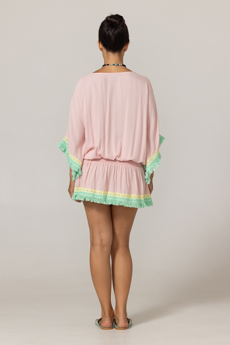 Robe Courte Sejla: rose - plastron brodé - 100% Modal - franges en coton - touche bohème  - Miss June Paris - 4