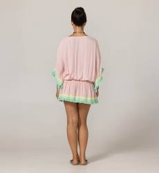 Robe Courte Sejla: rose - plastron brodé - 100% Modal - franges en coton - touche bohème  - Miss June Paris - 4