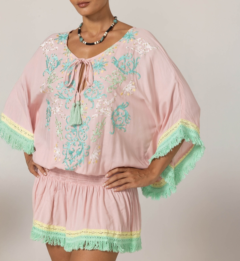 Sejla Short Dress: pink - embroidered bib - 100% Modal - cotton fringes - bohemian touch - Miss June Paris - 5