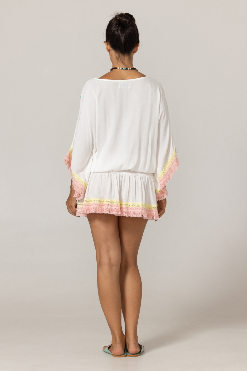 Robe Courte Sejla: blanche - plastron brodé - 100% Modal - franges en coton - touche bohème  - Miss June Paris - 4