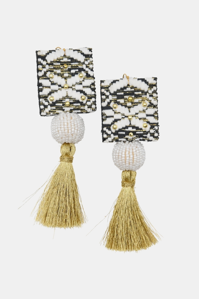 Boucles d'oreilles pendantes Java - blanc/noir/doré - fils lurex -  look bohème - Miss June Paris - 3