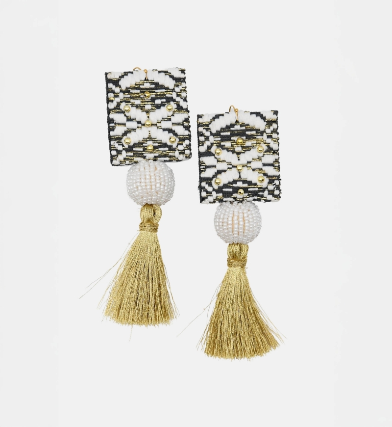 Boucles d'oreilles pendantes Java - blanc/noir/doré - fils lurex -  look bohème - Miss June Paris - 3