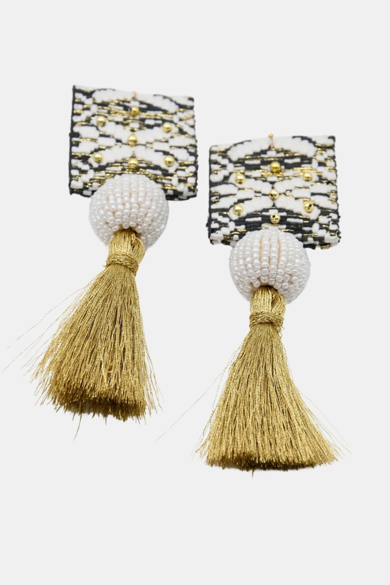 Boucles d'oreilles pendantes Java - blanc/noir/doré - fils lurex -  look bohème - Miss June Paris - 5