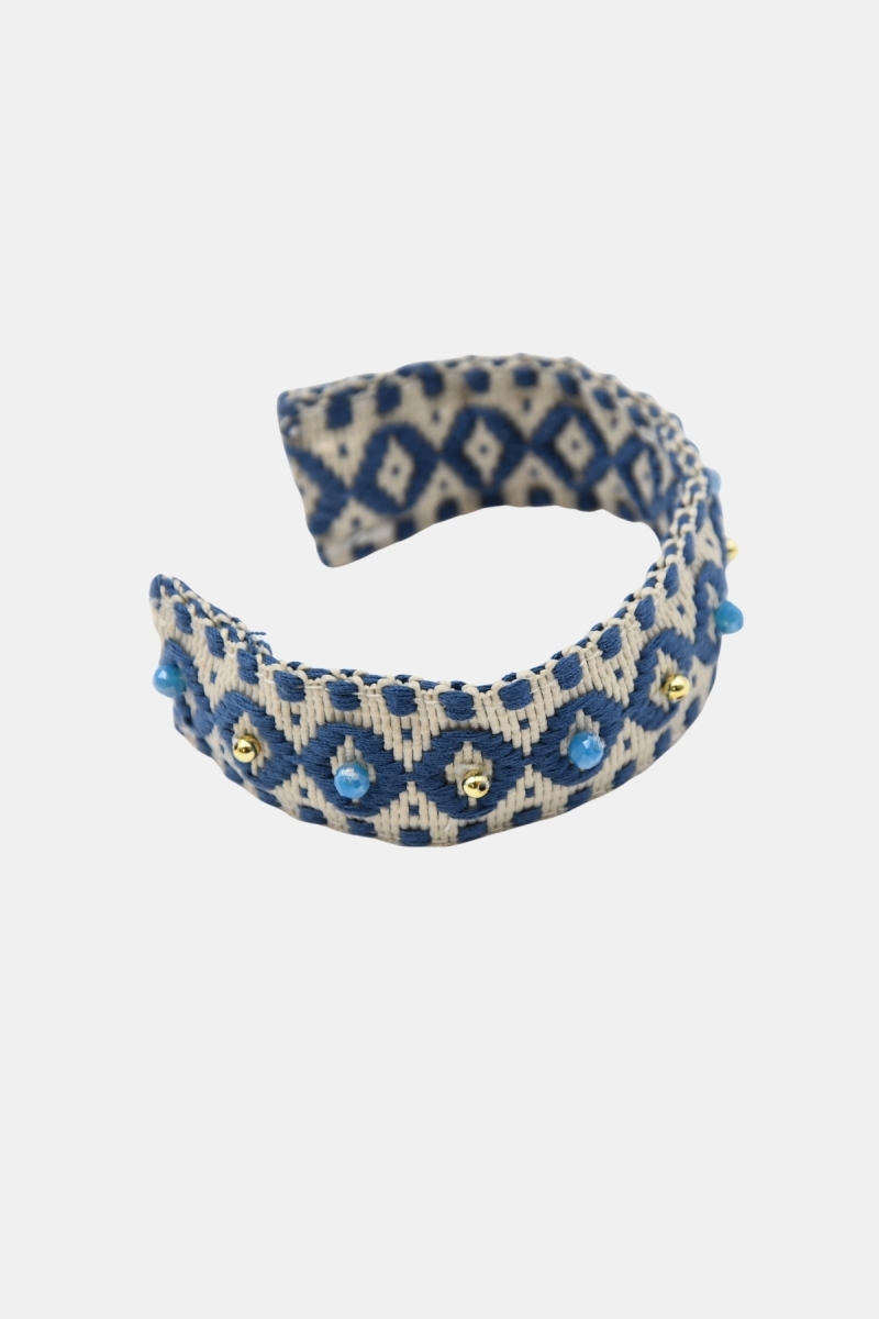 Riviera Cuff Bracelet – White/Blue – Geometric Patterns – Golden Beads – Miss June Paris – 4
