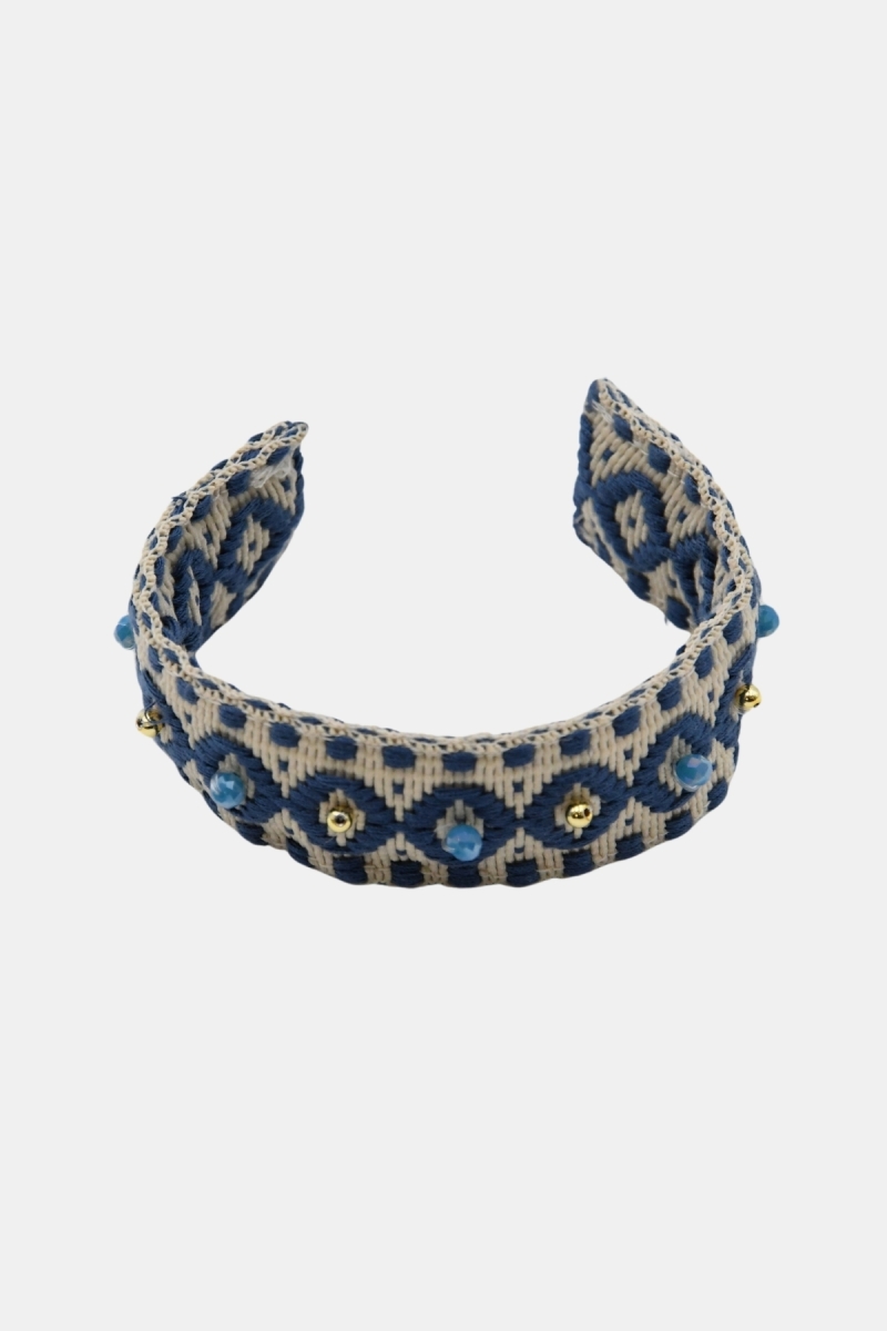 Bracelet manchette Riviera - blanc/bleu - motifs géométriques - perles dorées - Miss June Paris - 6