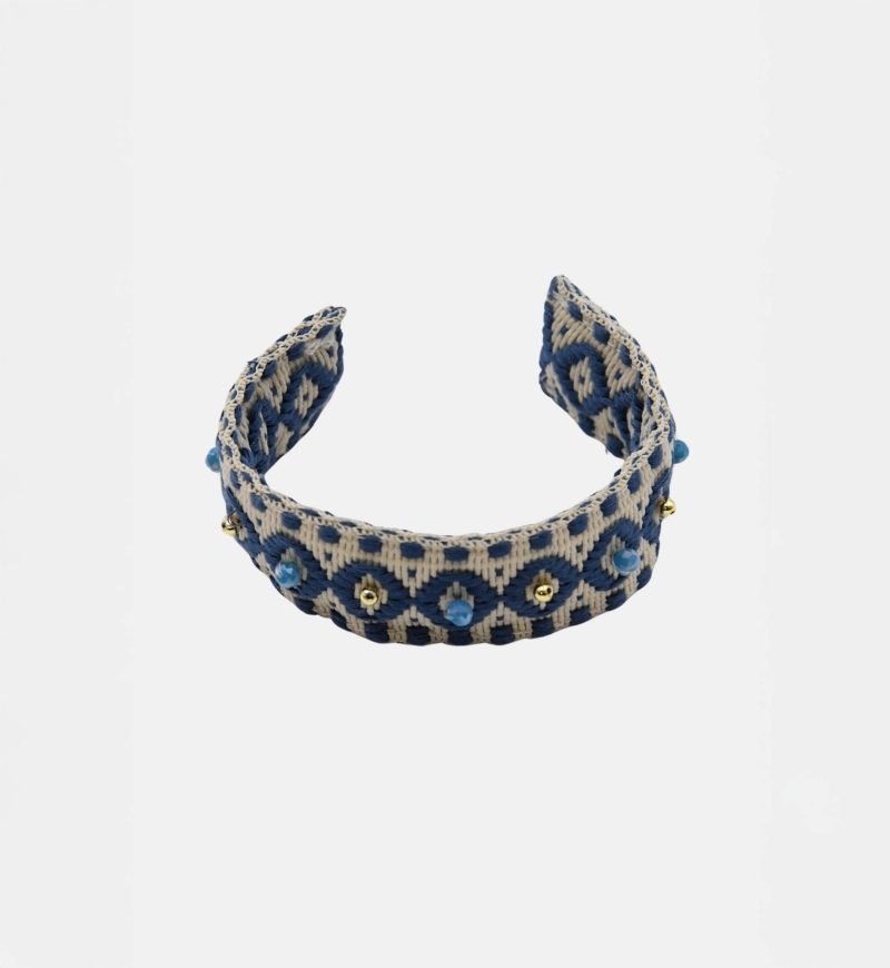Riviera Cuff Bracelet – White/Blue – Geometric Patterns – Golden Beads – Miss June Paris – 6