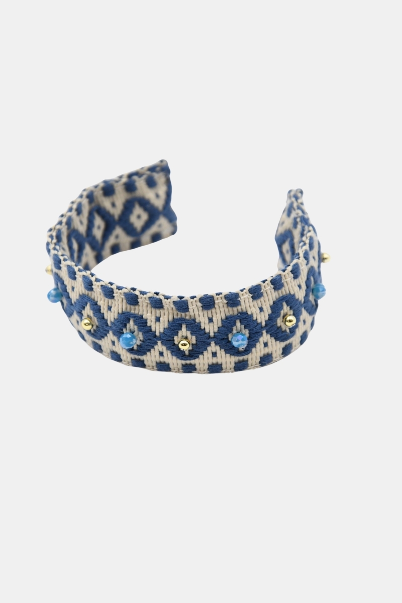 Riviera Cuff Bracelet – White/Blue – Geometric Patterns – Golden Beads – Miss June Paris – 3