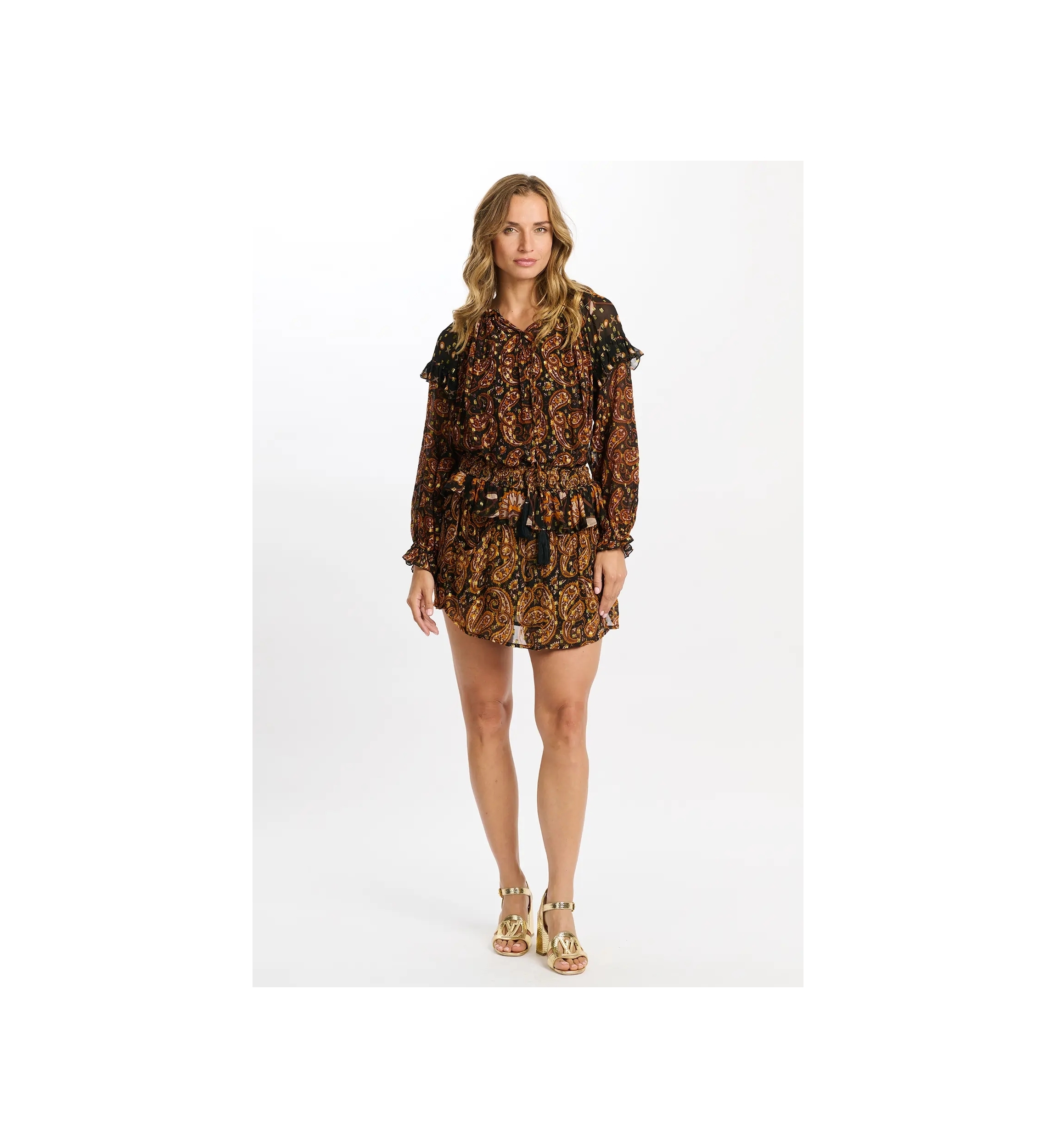 Short skirt Vodka - black/orange - paisley pattern - fluid fabric - Miss June Paris