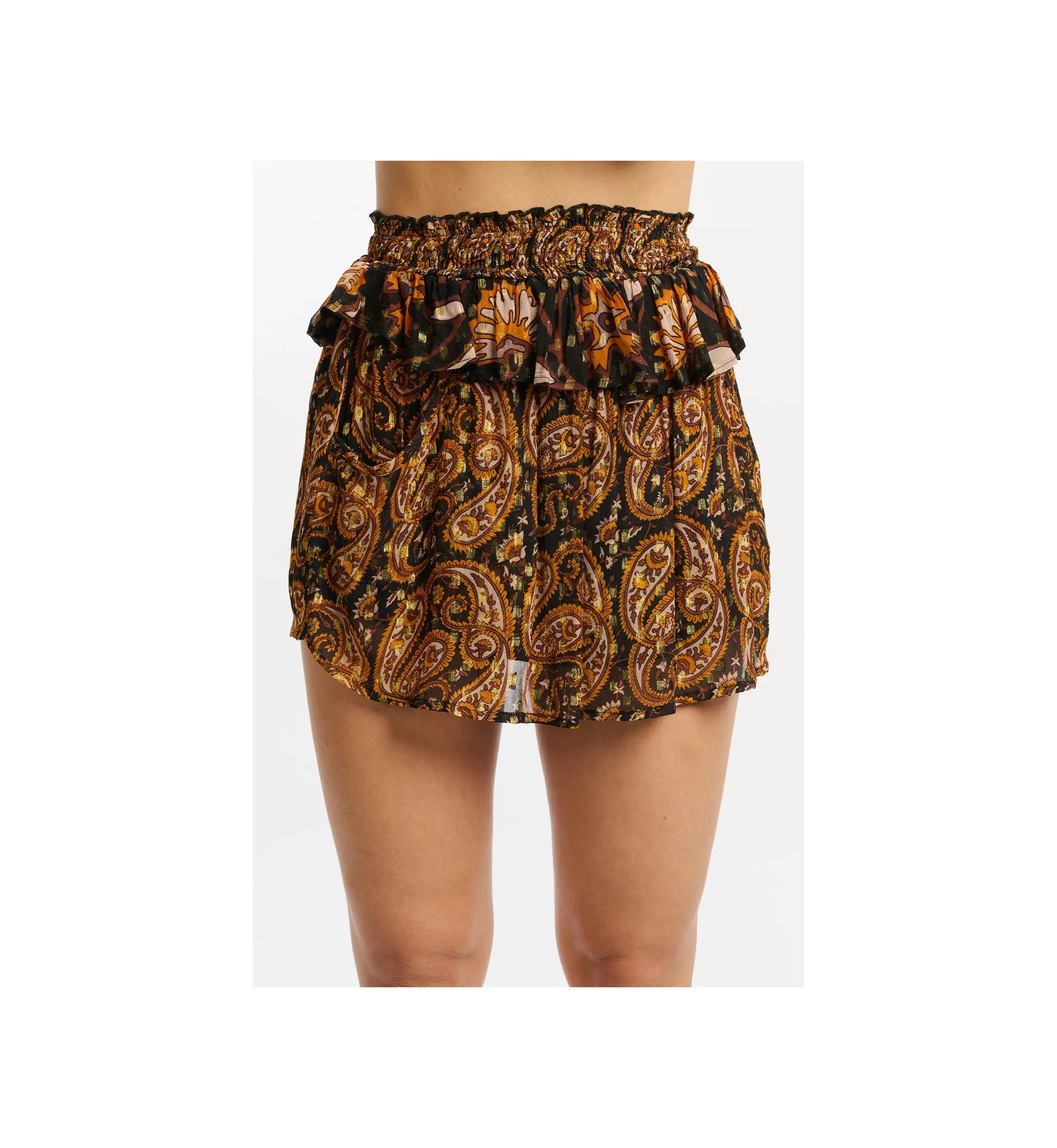 Jupe courte Vodka - noir/orange - motif paisley - tissu fluide - Miss June Paris