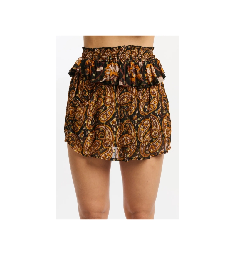 Falda corta Vodka - negro/naranja - estampado paisley - tela fluida - Miss June Paris