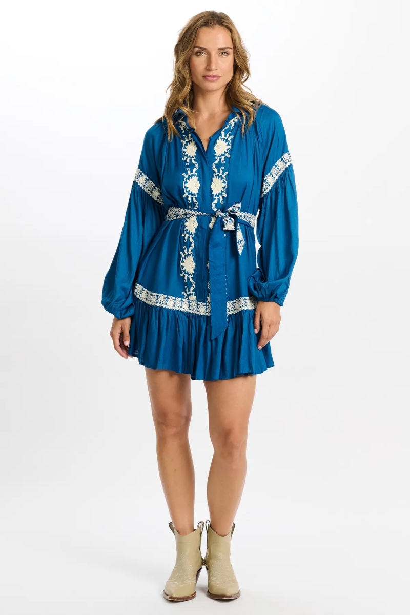 robe courte manche longue boheme chic bleu DINA - Miss June