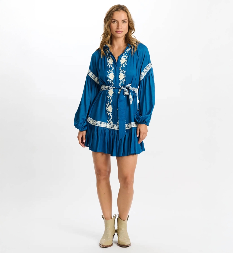 robe courte manche longue boheme chic bleu DINA - Miss June