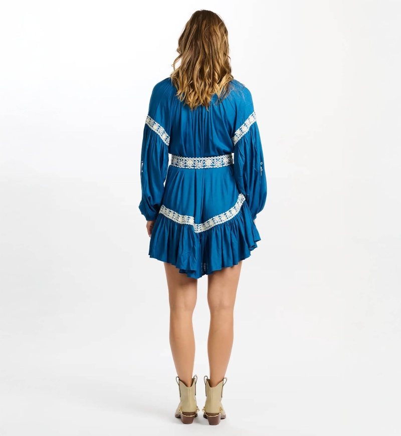 vestido corto azul bohemio chic manga corta DINA - Miss June