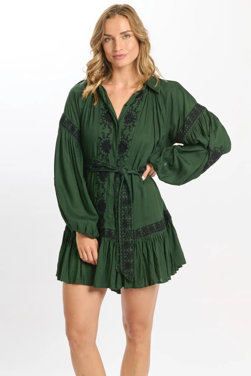 long sleeve boheme chic green short dress DINA - Miss June