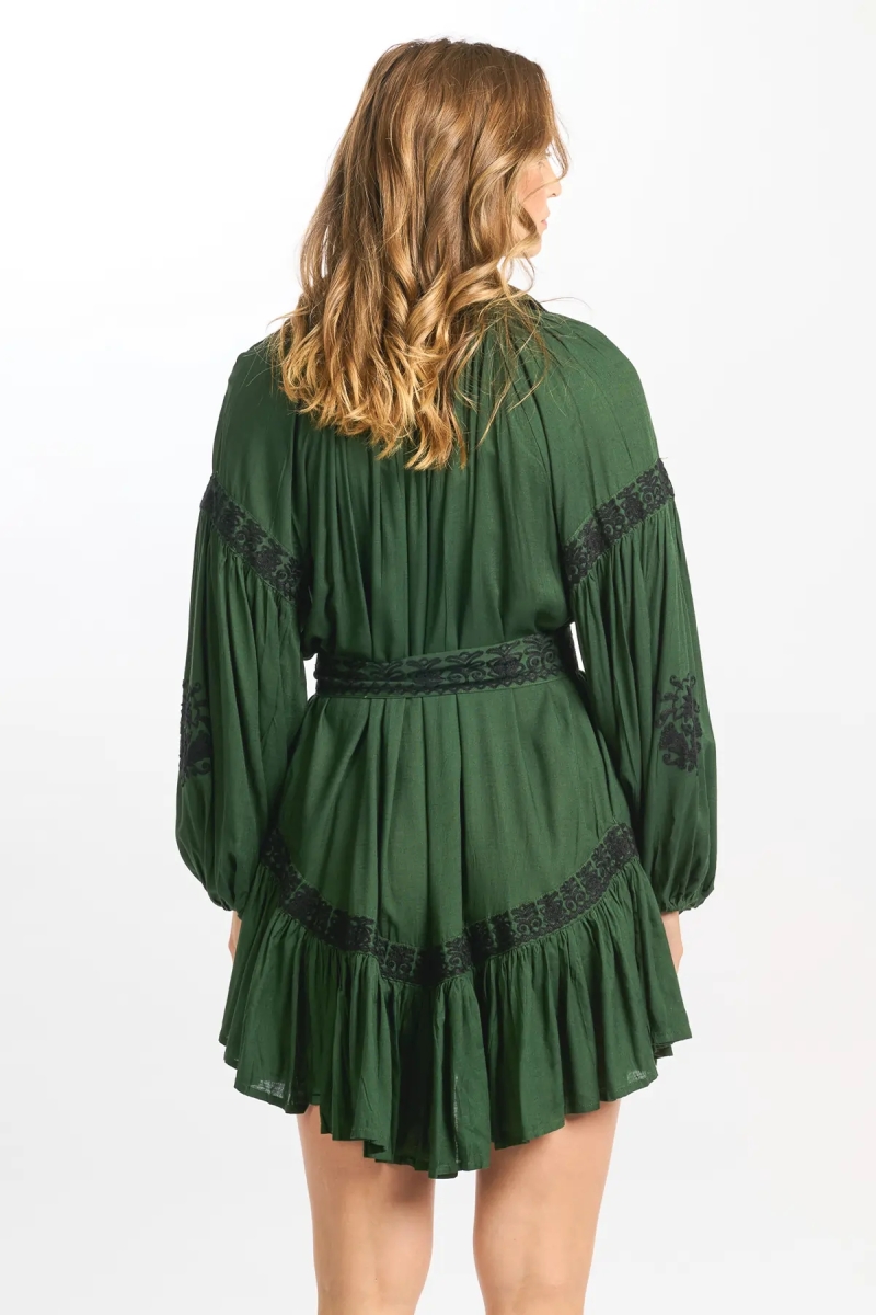 vestido corto verde bohemio chic manga corta DINA - Miss June