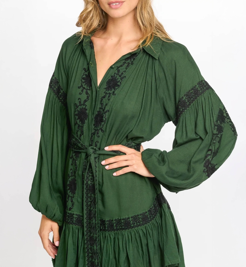 robe courte manche longue boheme chic verte DINA - Miss June