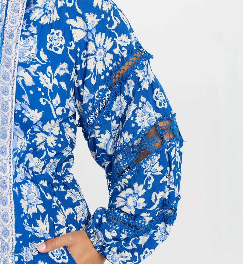 robe longue manche longue fleurie bleu MORGANE - Miss June