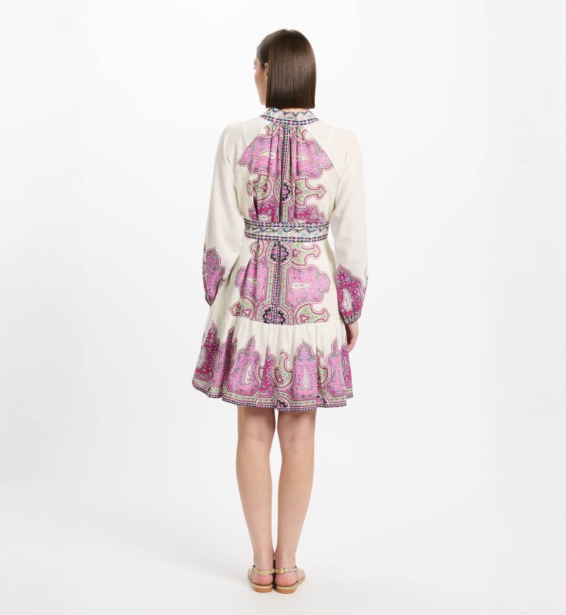 Robe Isabella Robe courte à manches longues + ceinture assortie, 100% coton imprimé slub - Miss June Paris - 5