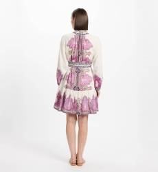 Isabella dress Short dress with long sleeves + matching belt, 100% slub print cotton - Miss June Paris - 5