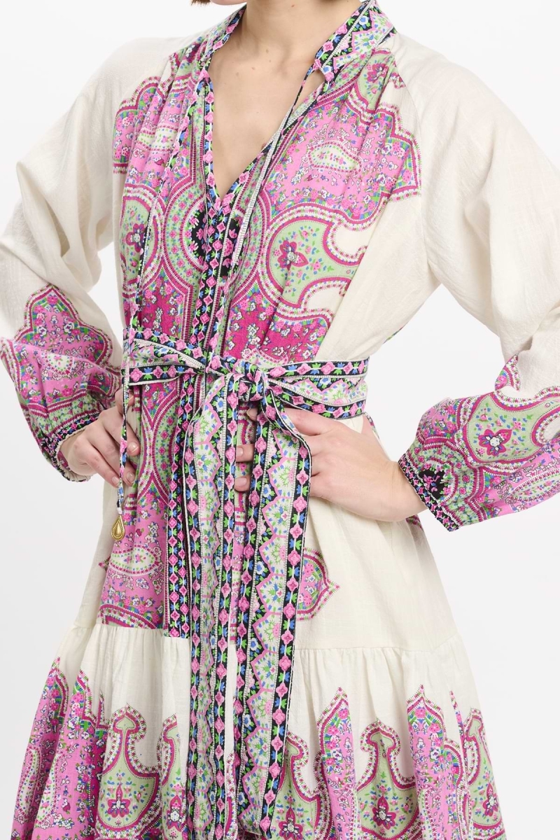 Isabella dress Short dress with long sleeves + matching belt, 100% slub print cotton - Miss June Paris - 4