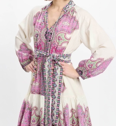 Isabella dress Short dress with long sleeves + matching belt, 100% slub print cotton - Miss June Paris - 4