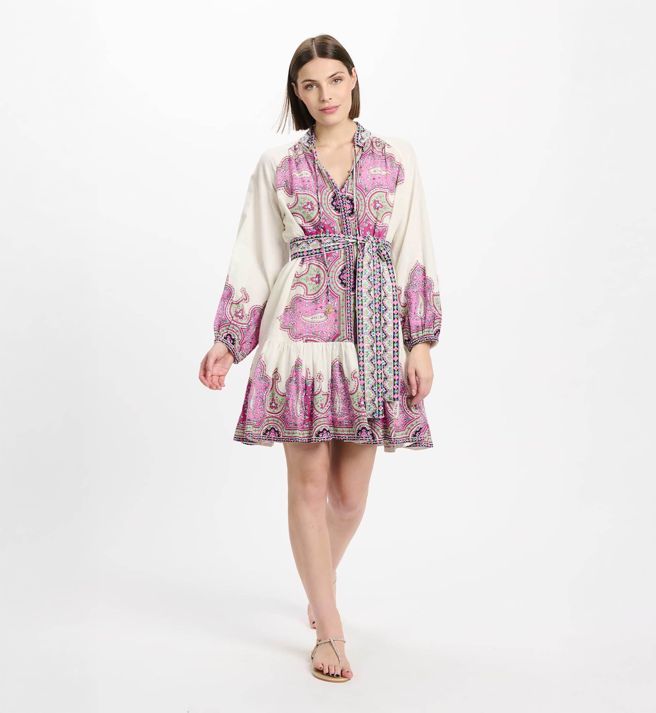 Isabella dress Short dress with long sleeves + matching belt, 100% slub print cotton - Miss June Paris - 2