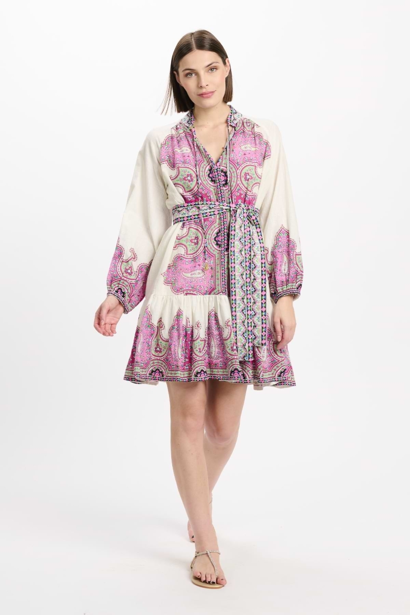 Isabella dress Short dress with long sleeves + matching belt, 100% slub print cotton - Miss June Paris - 2
