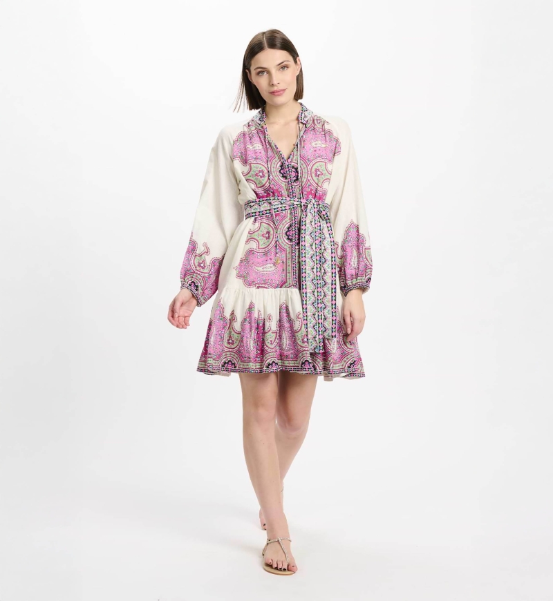 Isabella dress Short dress with long sleeves + matching belt, 100% slub print cotton - Miss June Paris - 2