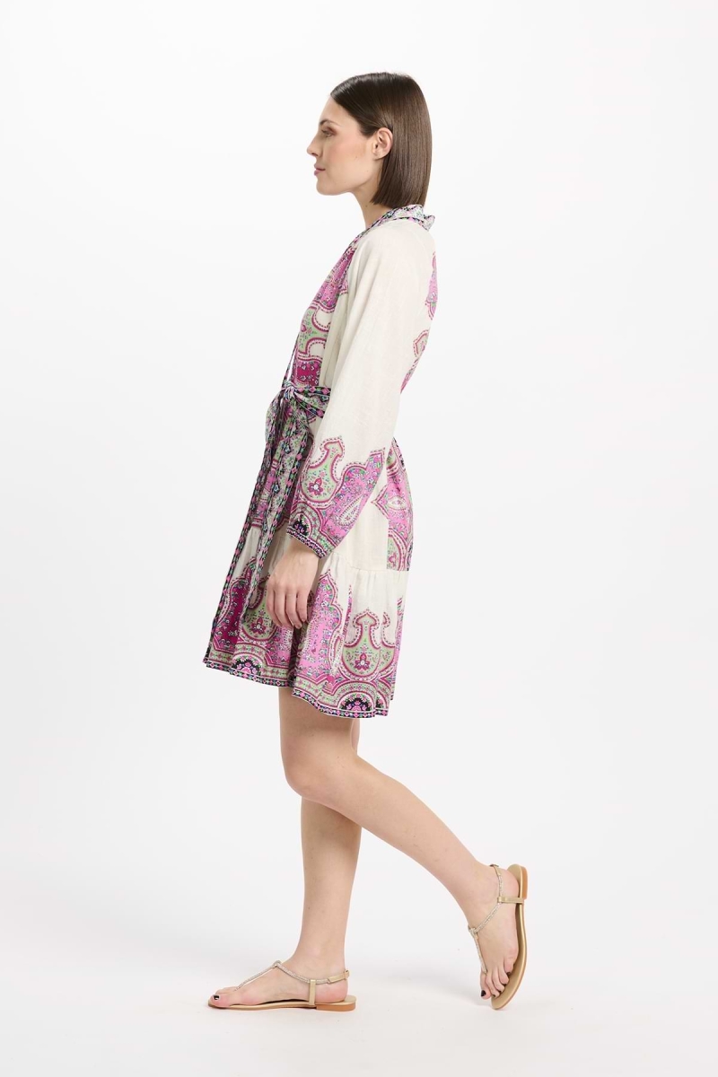 Isabella dress Short dress with long sleeves + matching belt, 100% slub print cotton - Miss June Paris - 3