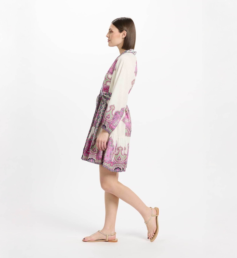 Robe Isabella Robe courte à manches longues + ceinture assortie, 100% coton imprimé slub - Miss June Paris - 3