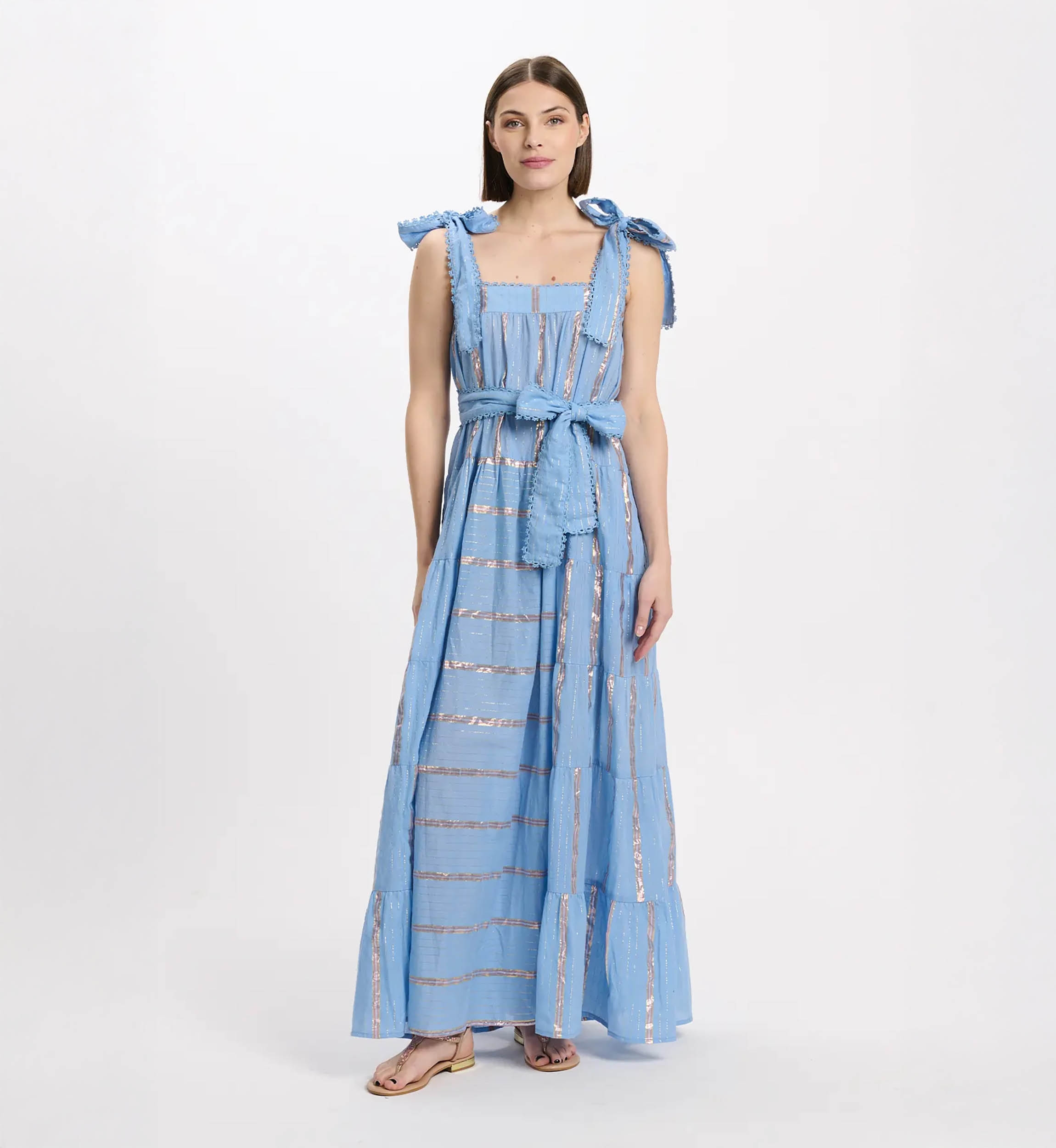 Robe Aly – Robe longue à bretelles avec ceinture assortie, 100% coton avec lurex – Miss June Paris - 7