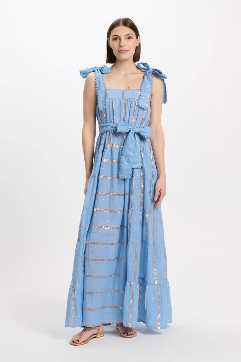 Robe Aly – Robe longue à bretelles avec ceinture assortie, 100% coton avec lurex – Miss June Paris - 7