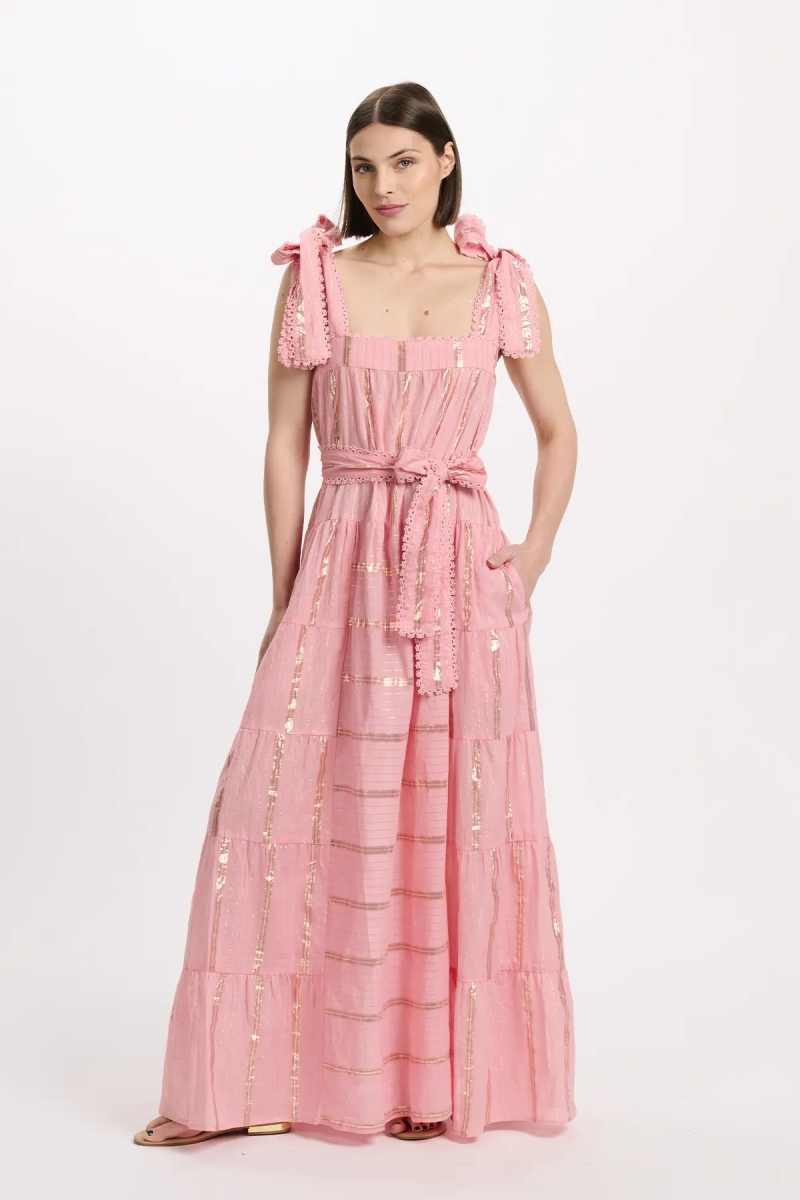 Vestido Aly – Vestido largo con tirantes y cinturón a juego, 100% algodón con lúrex – Miss June Paris - 4