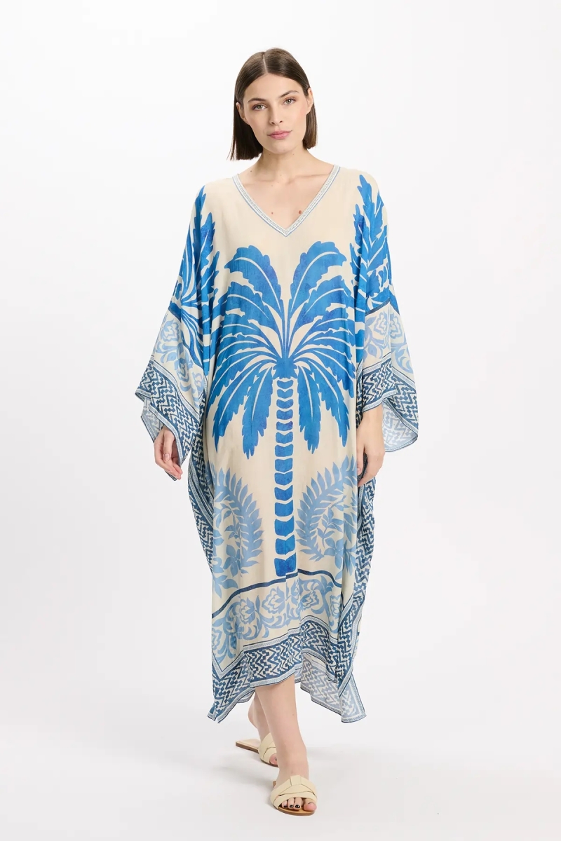 Caftan Rhoda Long Kaftan With Long Sleeves, 100% modal printed embroidery - Miss June Paris - 4