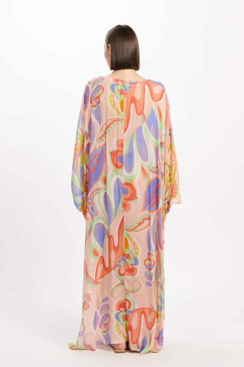 Caftan Varda Long Sleeves Long Kaftan with belt inside, 100% rayon embroidery - Miss June Paris - 5