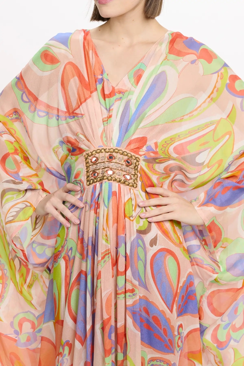 Caftan Varda Long Sleeves Long Kaftan with belt inside, 100% rayon embroidery - Miss June Paris - 3