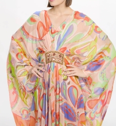 Caftan Varda Long Sleeves Long Kaftan with belt inside, 100% rayon embroidery - Miss June Paris - 3
