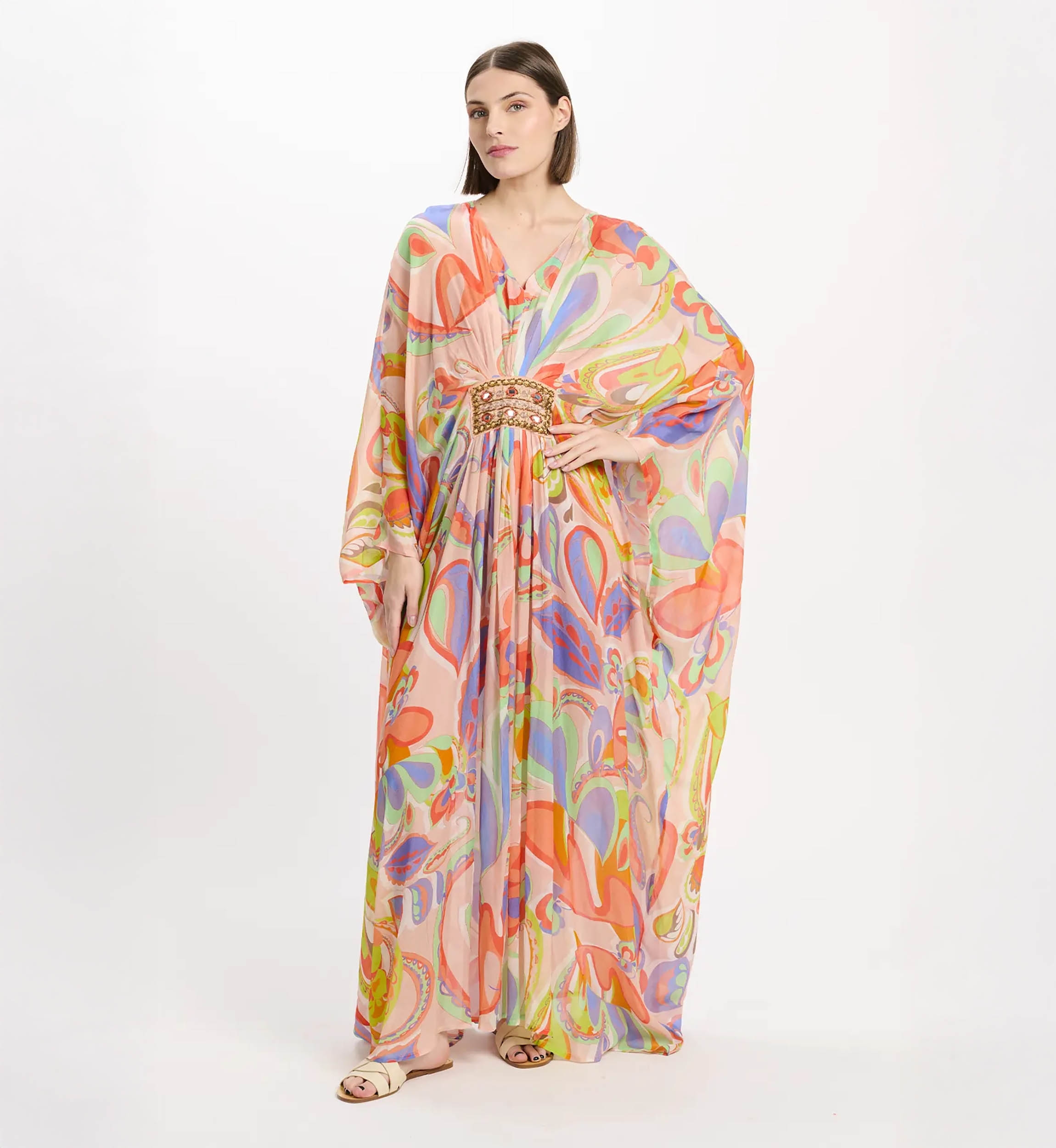 Caftan Varda Long Sleeves Long Kaftan with belt inside, 100% rayon embroidery - Miss June Paris - 2