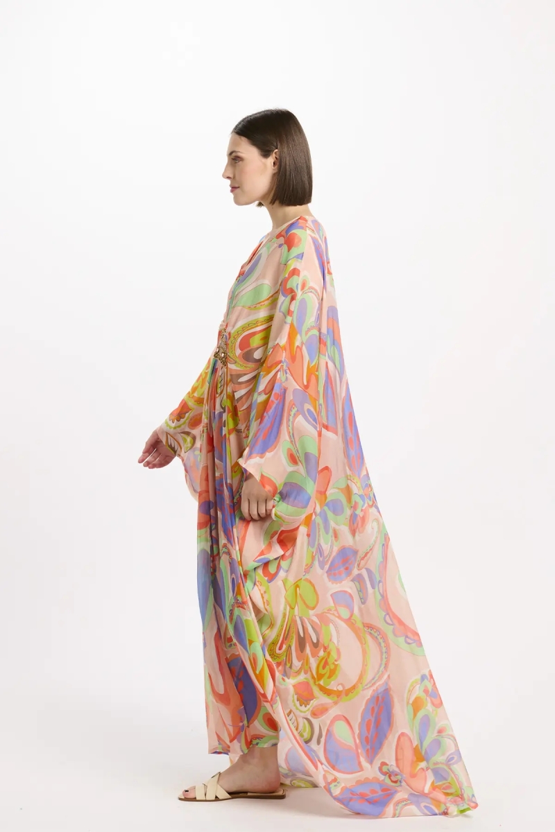 Caftan Varda Long Sleeves Long Kaftan with belt inside, 100% rayon embroidery - Miss June Paris - 4