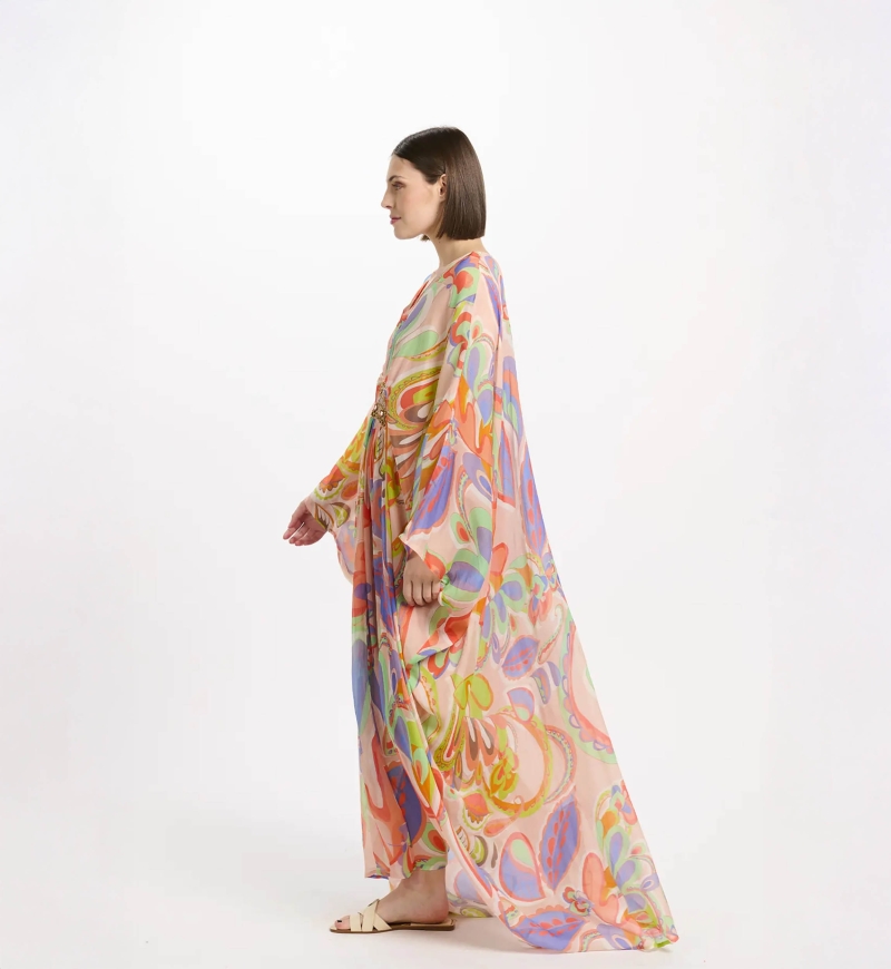 Caftan Varda Long Sleeves Long Kaftan with belt inside, 100% rayon embroidery - Miss June Paris - 4