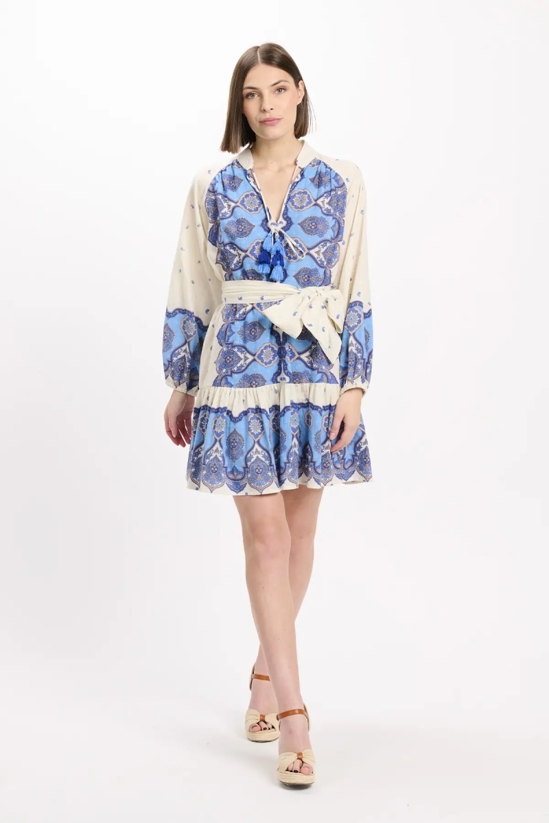 Robe Danae – Robe courte à manches longues avec ceinture assortie, 100 % coton imprimé – Miss June Paris - 4