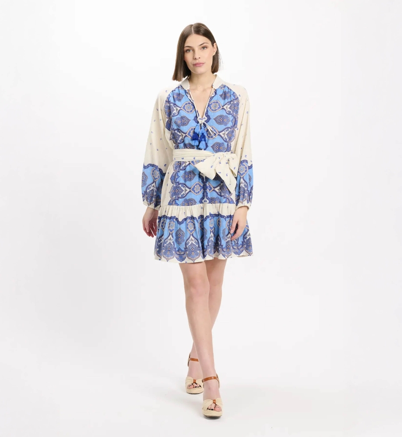 Robe Danae – Robe courte à manches longues avec ceinture assortie, 100 % coton imprimé – Miss June Paris - 4