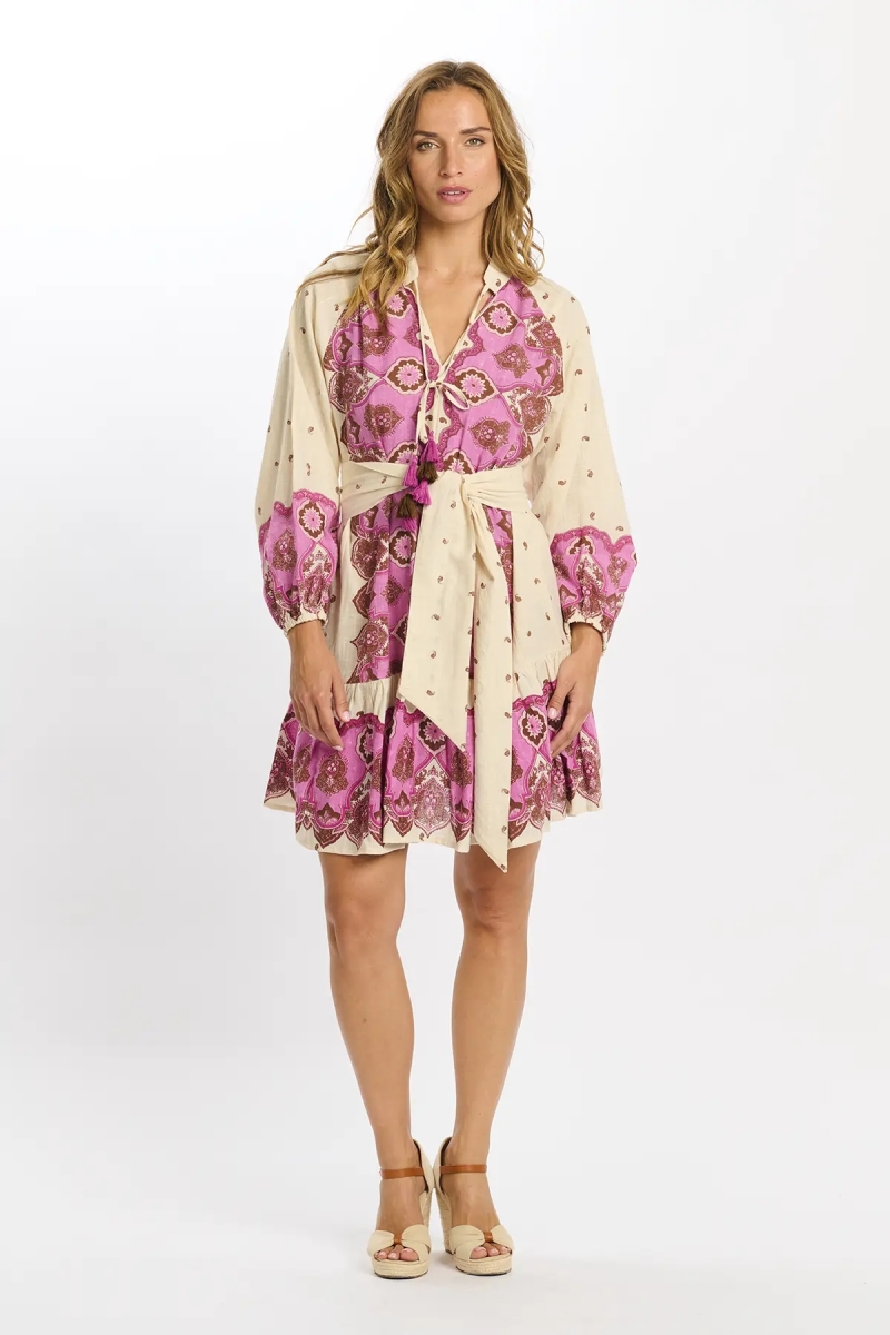 Robe Danae – Robe courte à manches longues avec ceinture assortie, 100 % coton imprimé – Miss June Paris - 7