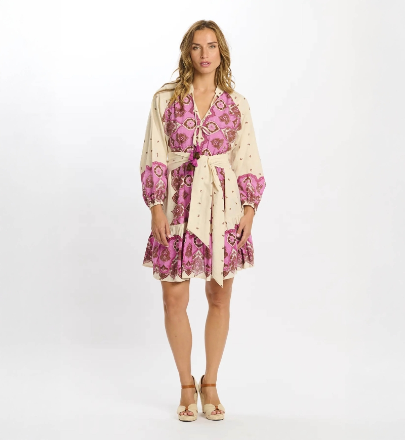 Robe Danae – Robe courte à manches longues avec ceinture assortie, 100 % coton imprimé – Miss June Paris - 7