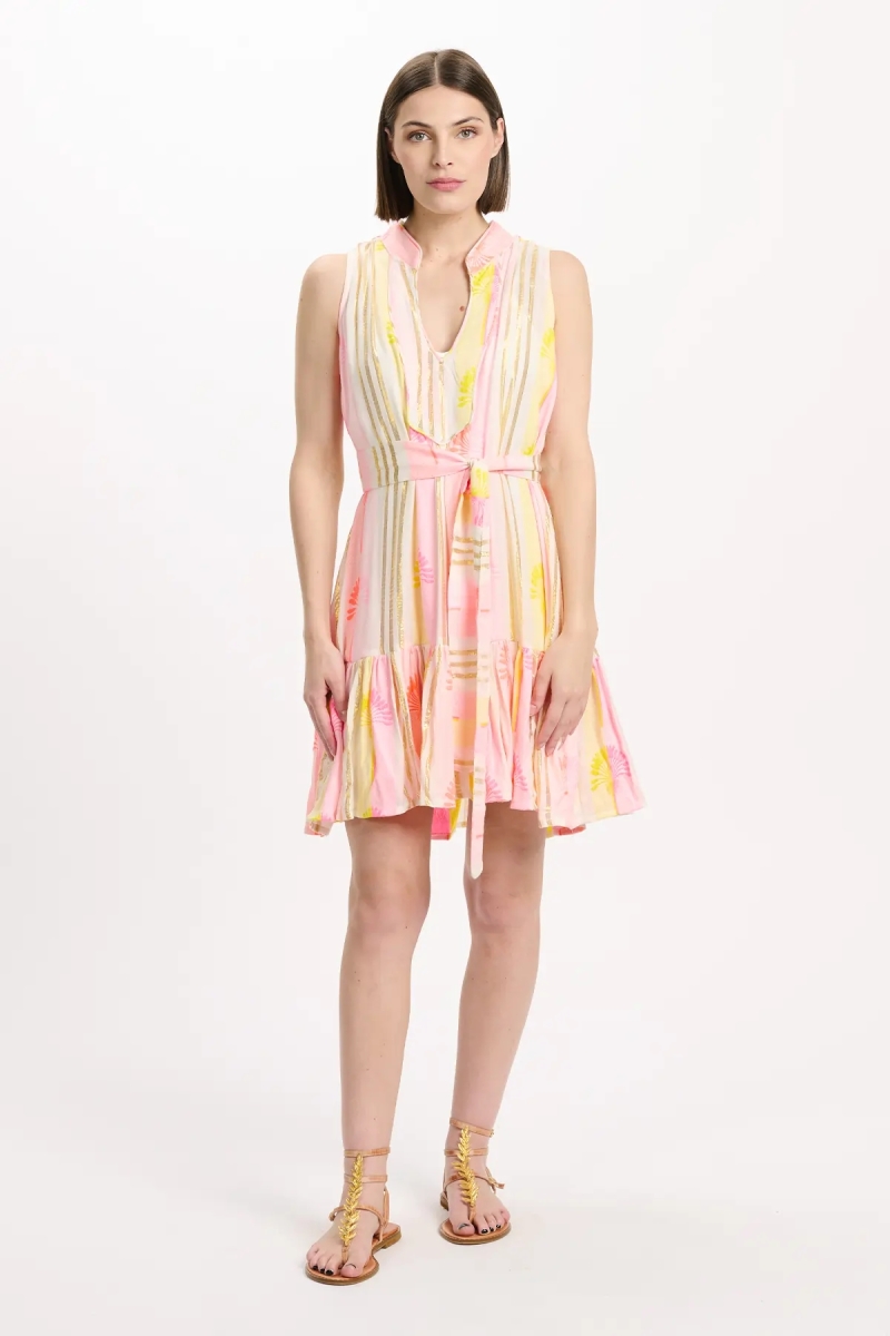 Robe Tracy courte sans manches avec doublure et ceinture assortie, 100 % rayonne imprimée avec lurex - Miss June Paris - 2
