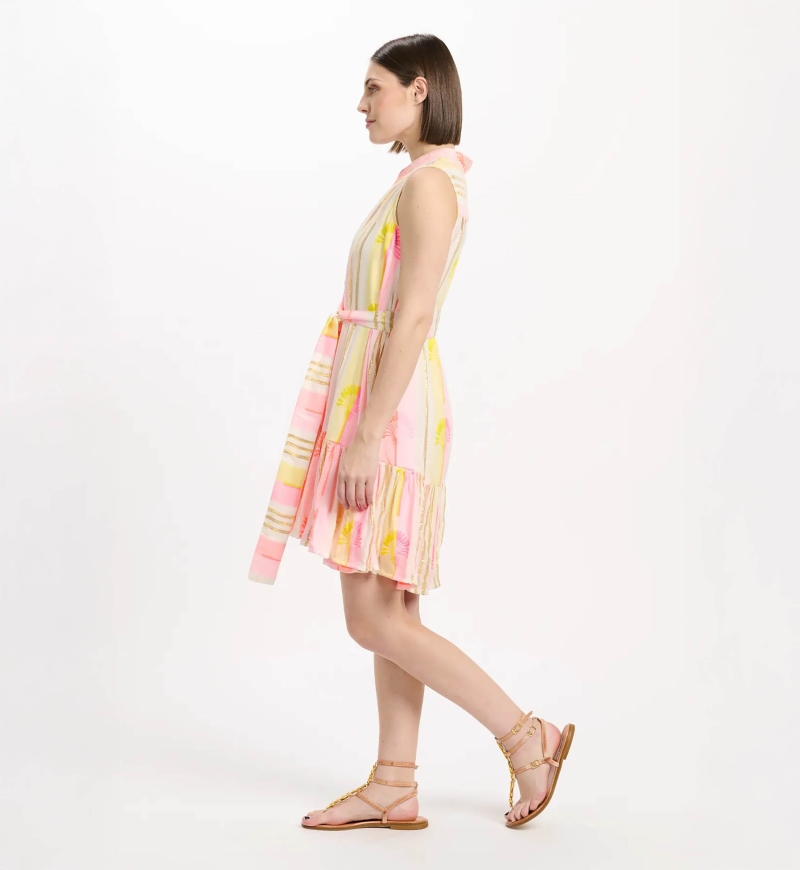 Robe Tracy courte sans manches avec doublure et ceinture assortie, 100 % rayonne imprimée avec lurex - Miss June Paris - 5