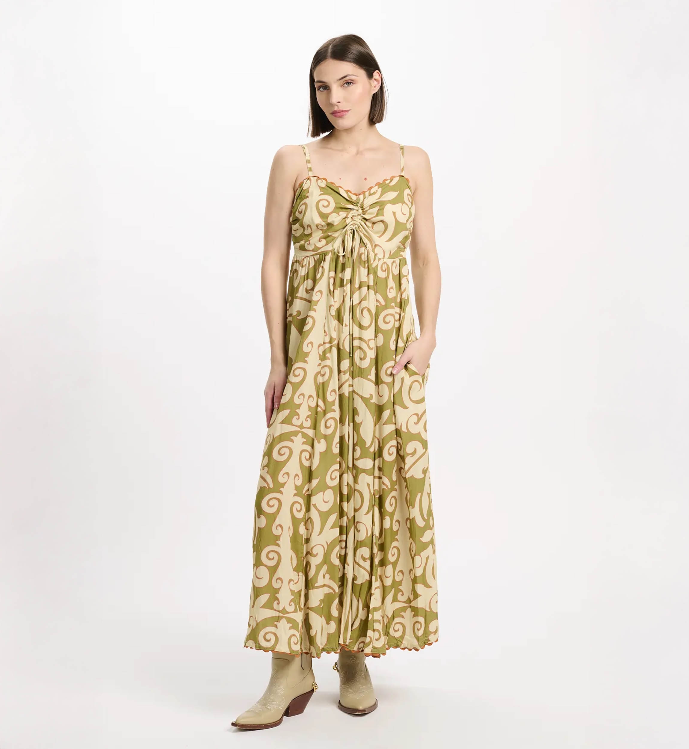 Robe Becky – Robe longue à fines bretelles avec lacets et poches, en modal imprimé, 100 % modal – Miss June Paris - 2